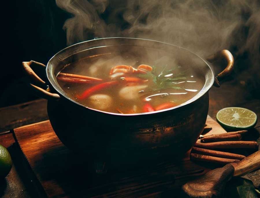 Bowl of authentic Thai tom yum soup with prawns and fresh herbs