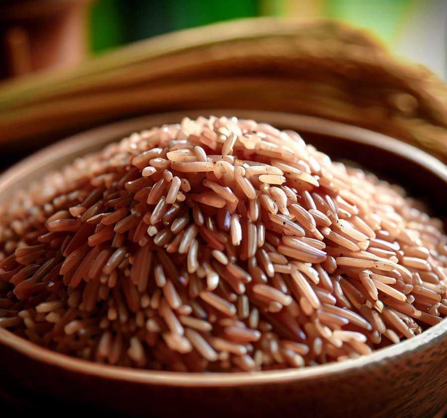 Heap of Thai brown rice grains showing the bran layer retained for extra nutrients
