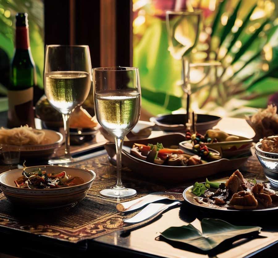 Crisp white wine paired with authentic Thai cuisine for the perfect food match
