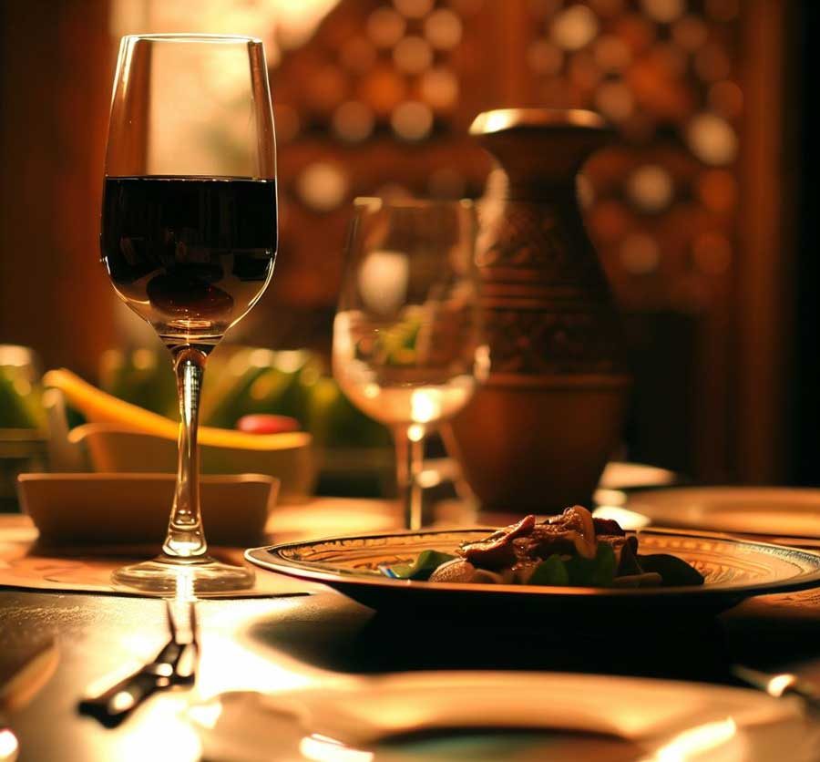 Bottle of red wine on a table with Thai food pairing suggestions from a sommelier