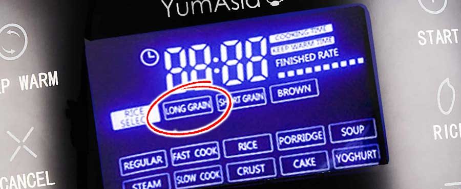 Yum Asia rice cooker settings control panel with cooking modes for jasmine and sticky rice