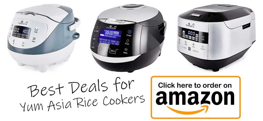 Three Yum Asia rice cookers in different colours and sizes for Thai jasmine rice cooking